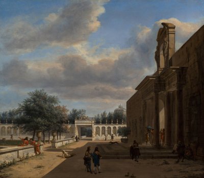 Een paleistuin, met figuren die uit een paleis komen aan de rechterkant door Jan van der Heyden